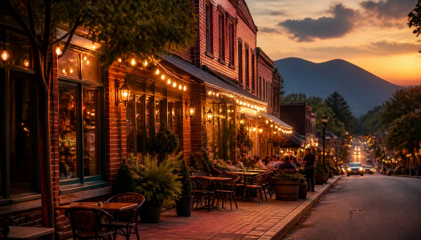 Lit storefronts and sidewalk tables on a small-town main street at dusk